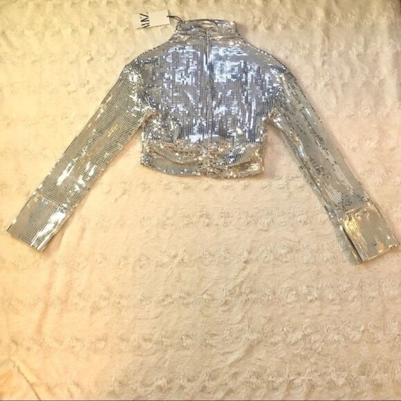 Nwt ZARA Draped Silver Sparkly Cropped Top Size XS - Picture 4 of 11